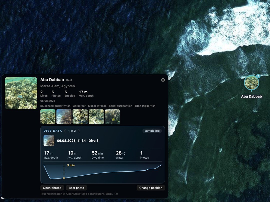 Dive data card: maximum depth 17 m, average depth 10 m, 52 minutes, 28 °C and the depth curve with the moment of the best photo