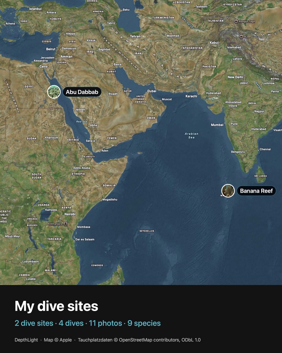 Exported dive map: Abu Dabbab and Banana Reef, “2 dive sites · 4 dives · 11 photos · 9 species”