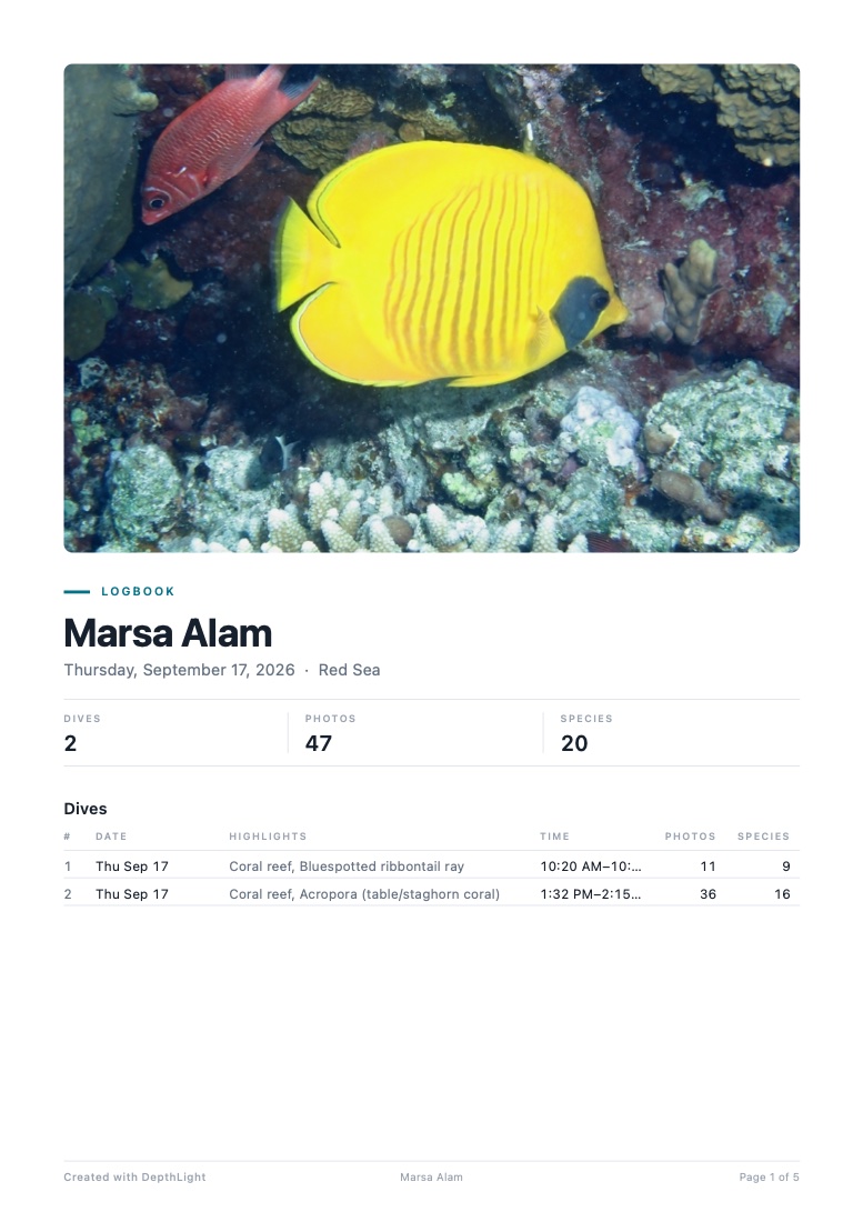Logbook cover: Marsa Alam, 2 dives, 47 photos, 20 species, with a masked butterflyfish.