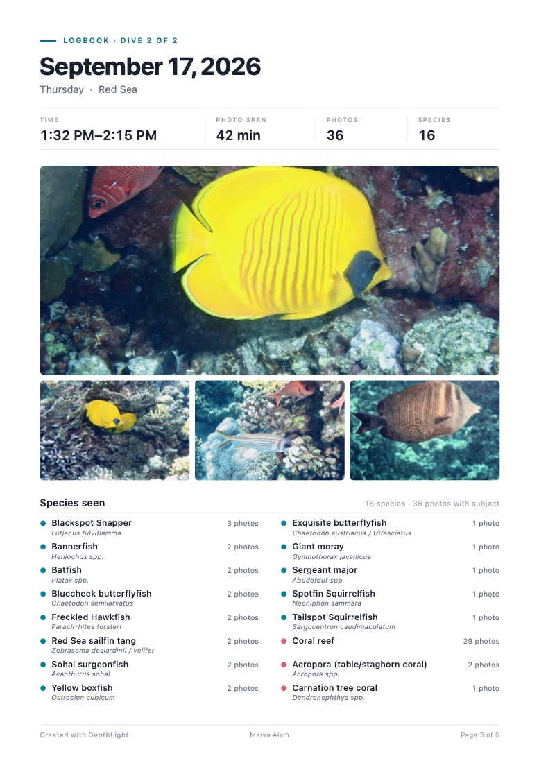 Logbook page for one dive: time 1:32–2:15 PM, 36 photos, 16 species, photos and the species seen.