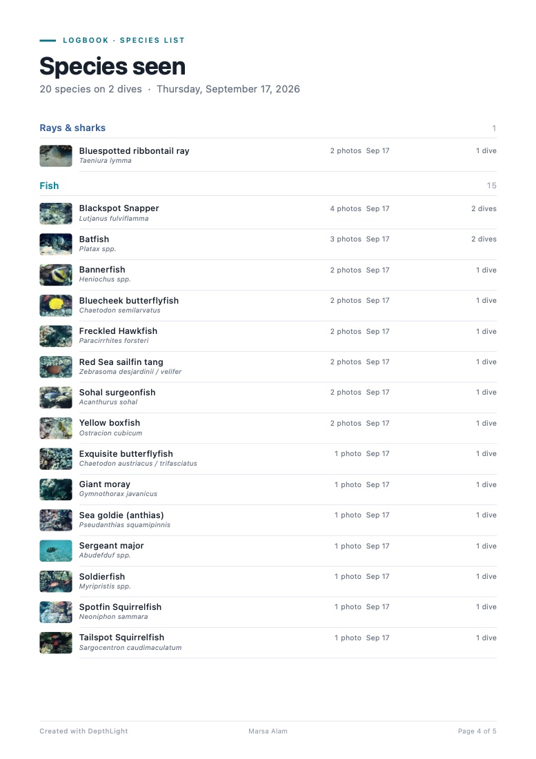 Logbook species list: 20 species on 2 dives, grouped into rays and sharks, fish and corals, each with a photo.