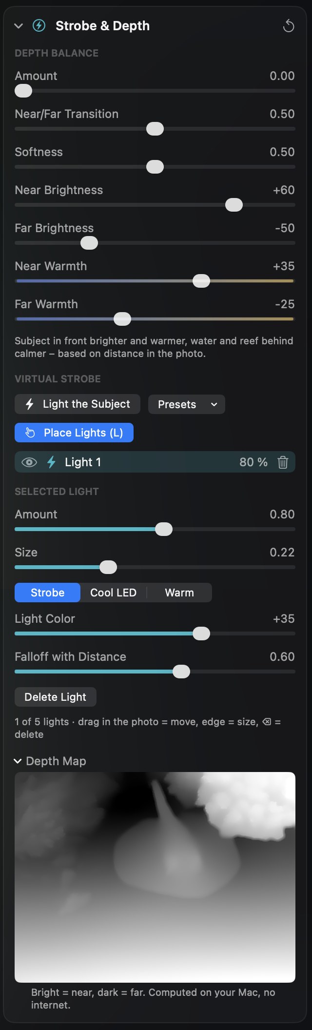 The Strobe & Depth panel in DepthLight: Depth Balance sliders, presets, settings of the selected light and the depth map.