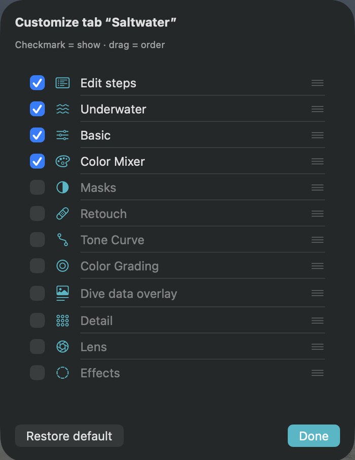 Customize the Saltwater tab: tick the sections to show, drag to reorder.