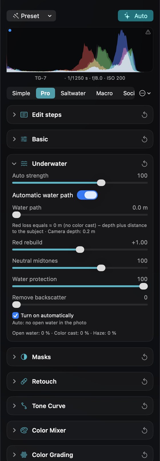Pro view: all sections folded except Underwater.