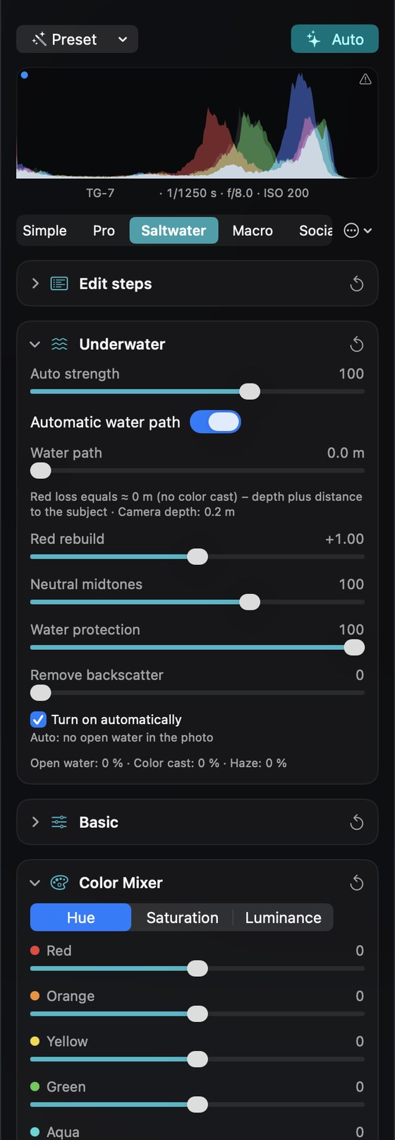 An own tab called Saltwater with the underwater section and the color mixer.